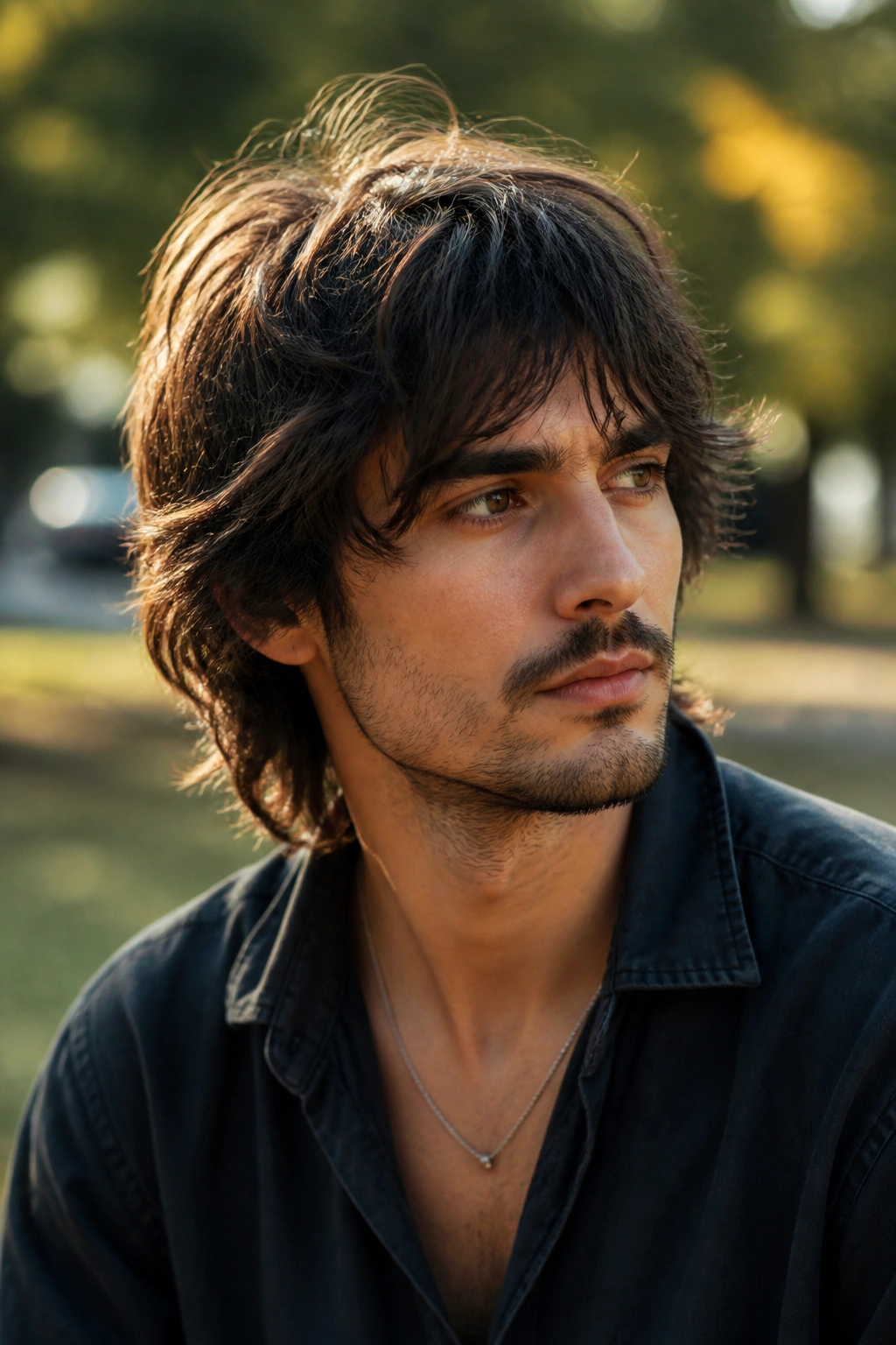 Medium close-up of layered shag hairstyle on a real man in natural light