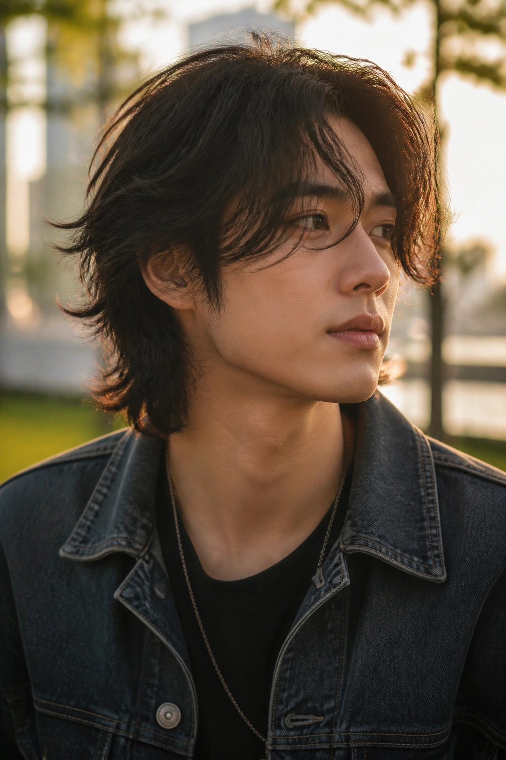 Portrait of a person with layered shag hairstyle in an outdoor setting.