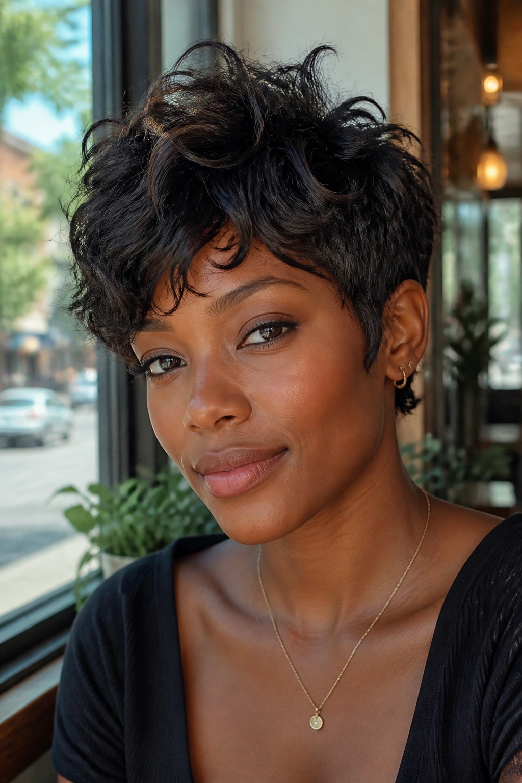 Close-up of a real woman with layered shag pixie showing movement and texture.