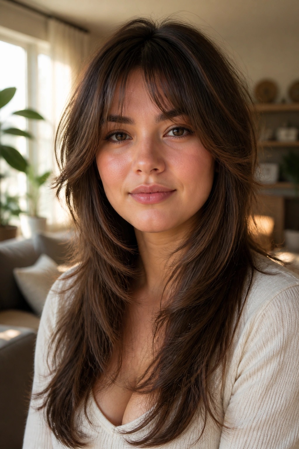 Close-up portrait of a real woman with layered shag designed to elongate the face; front layers start at the cheekbones