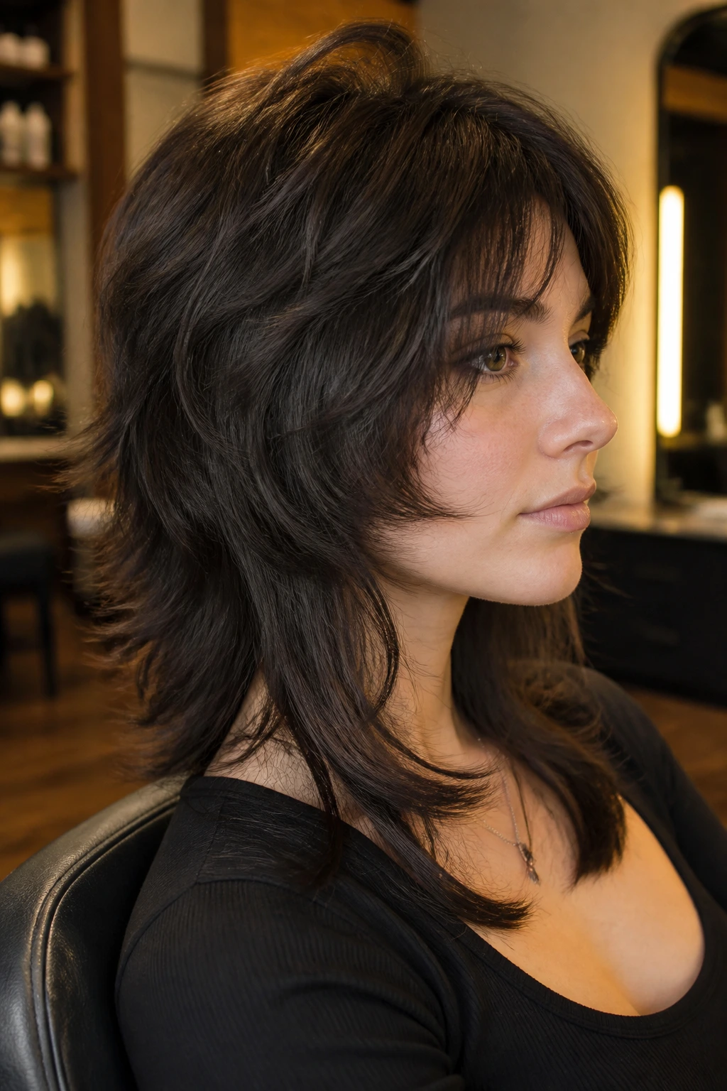 Medium close-up of a person with layered shag for thick hair
