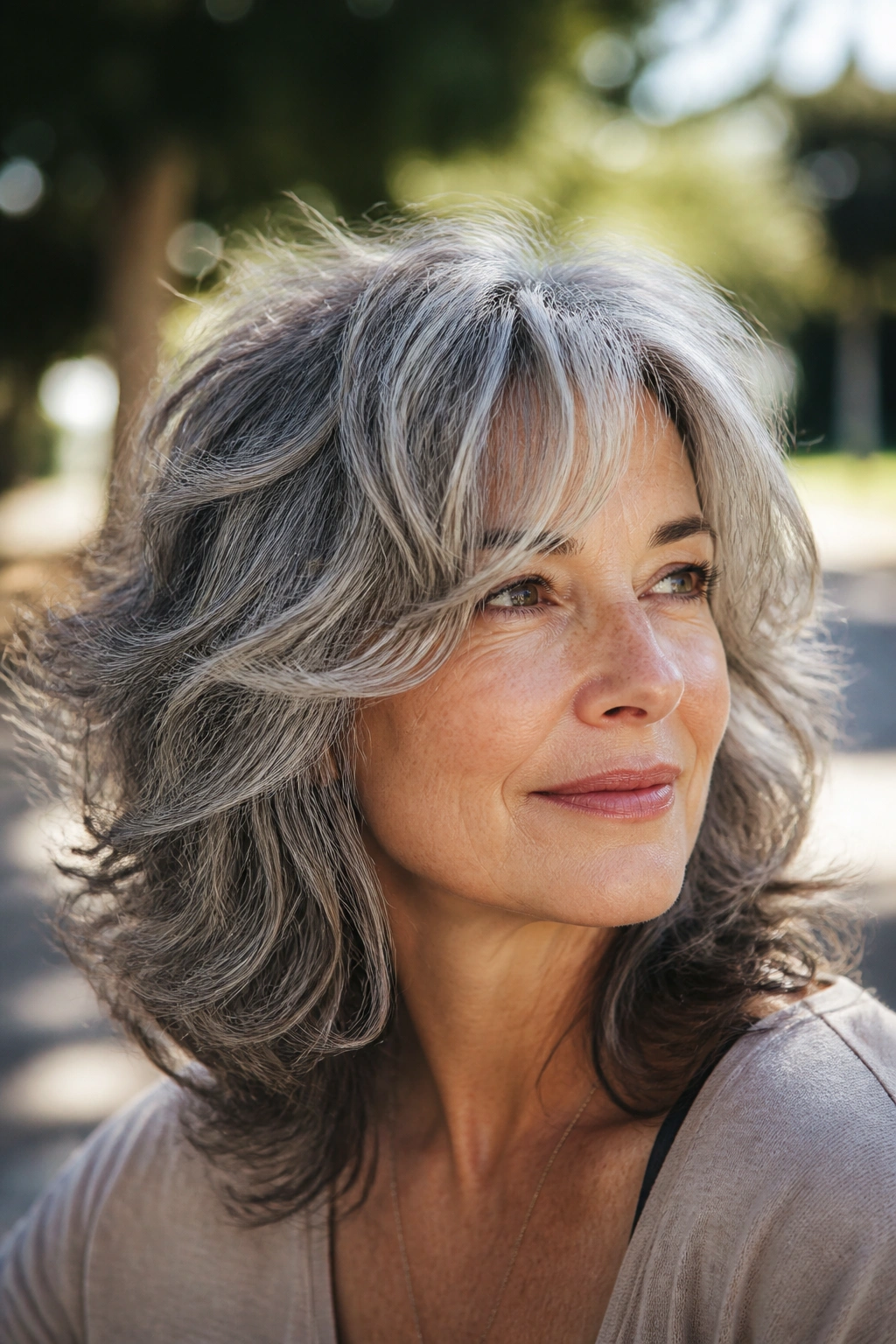 Close-up of a real woman with layered shag and natural waves in soft outdoor light.