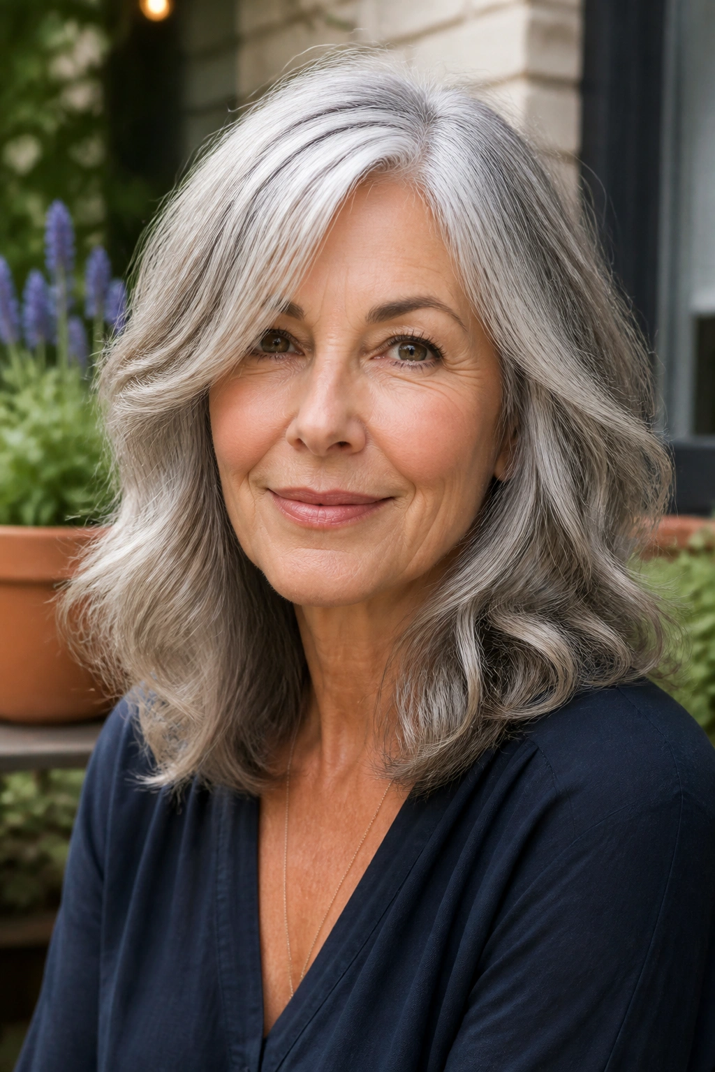 Close-up of a real woman with layered shoulder-length wavy gray hair