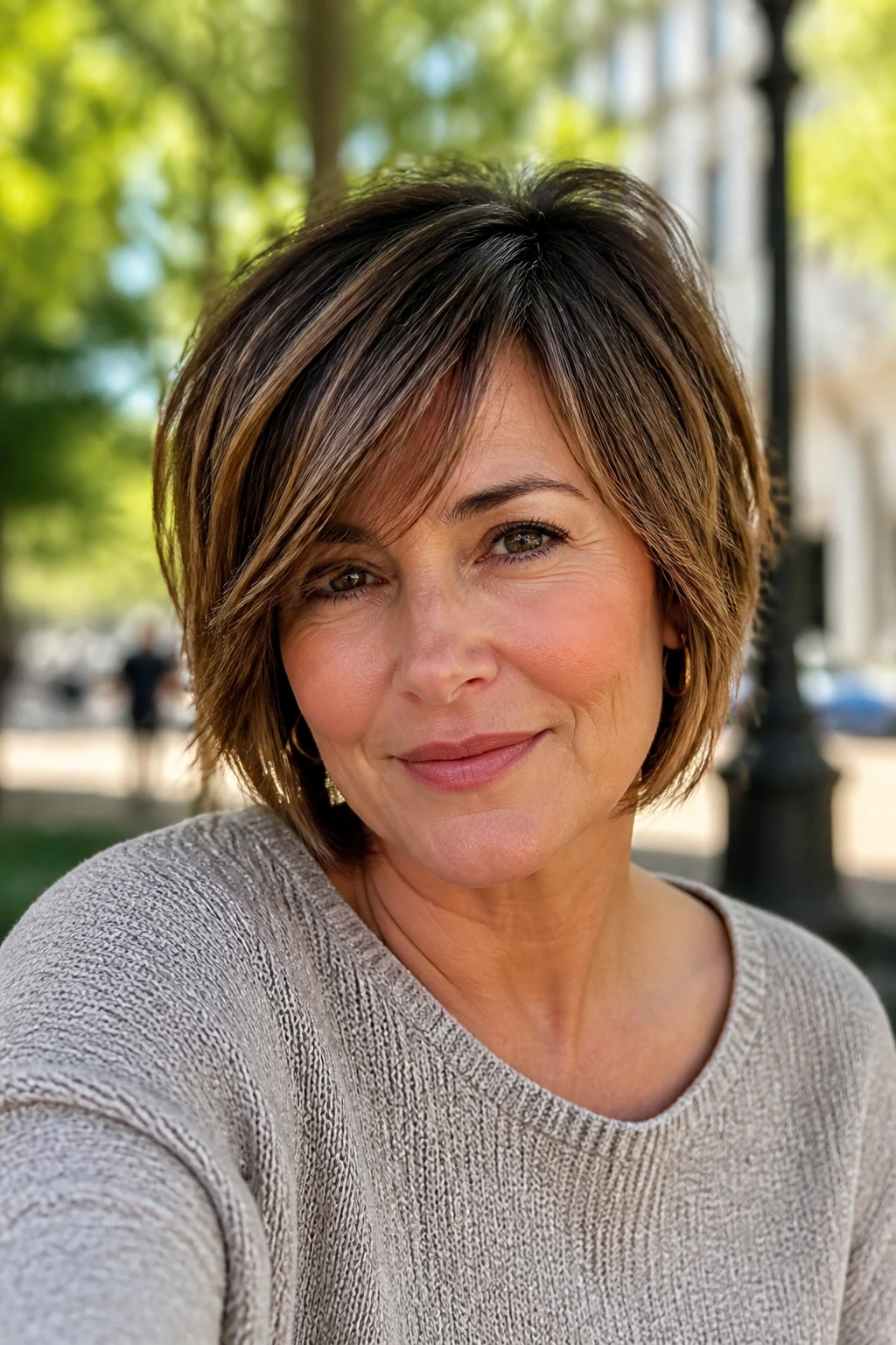 Close-up of a real woman with layered side fringe in a sunlit park