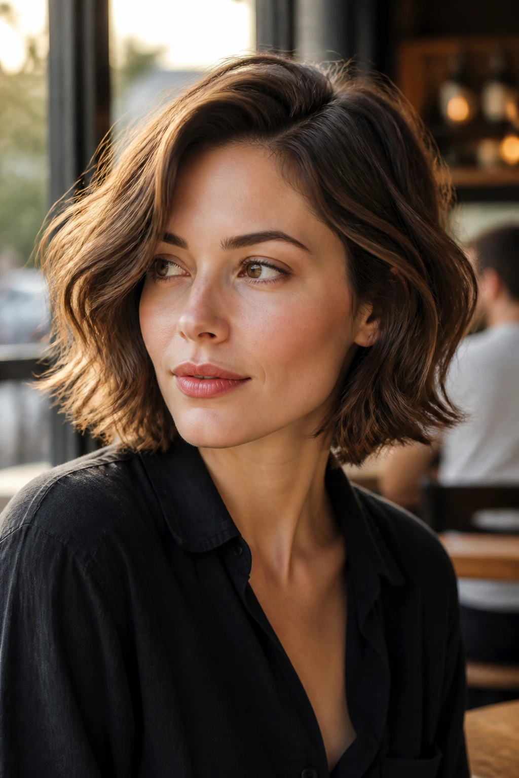 Close-up portrait of a real woman with layered wavy bob and side part in warm cafe light