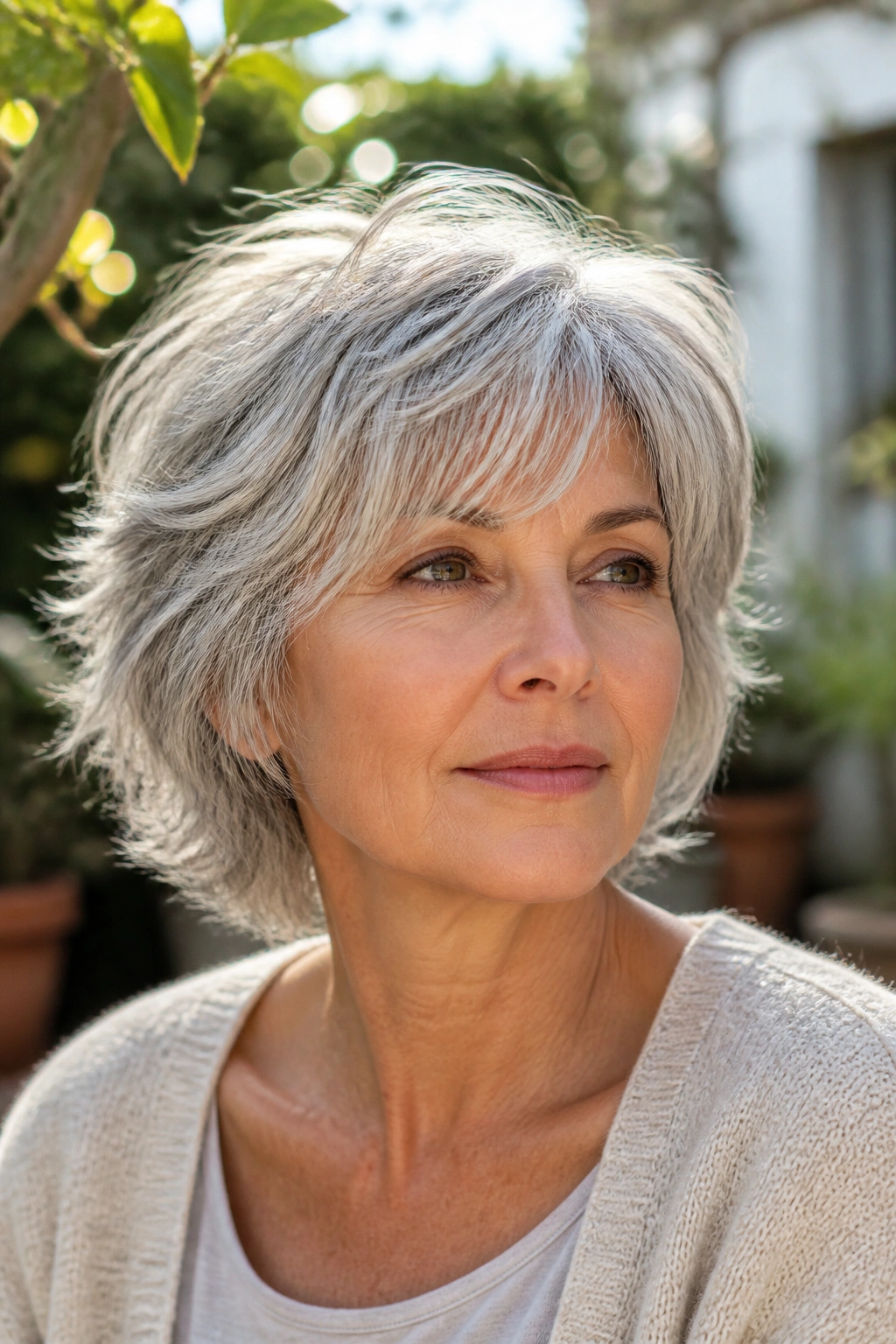 Portrait of a real woman with layered silver shag crop in outdoor garden light