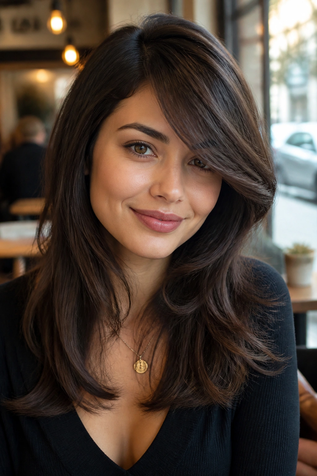 Close-up portrait of a woman with layered swoop bangs and a deep side part