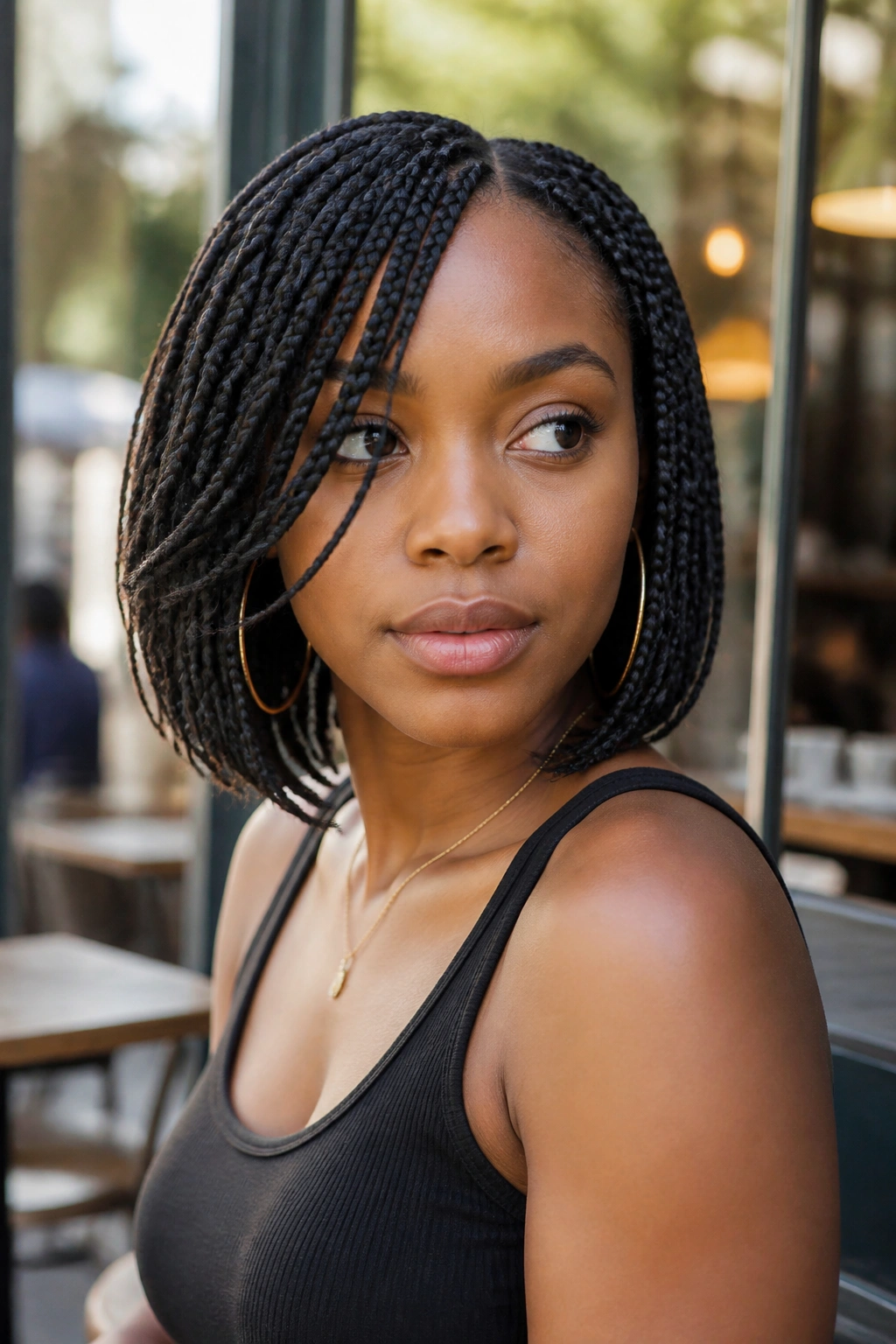 Real woman with layered tapered short box braids, front layers framing face