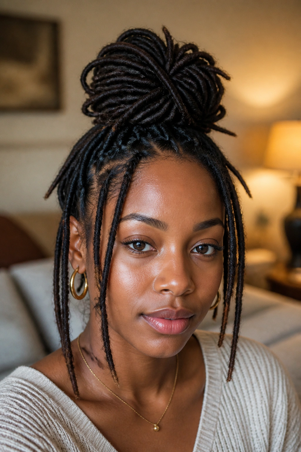 Close-up of a real woman with layered top knot and left-out locs