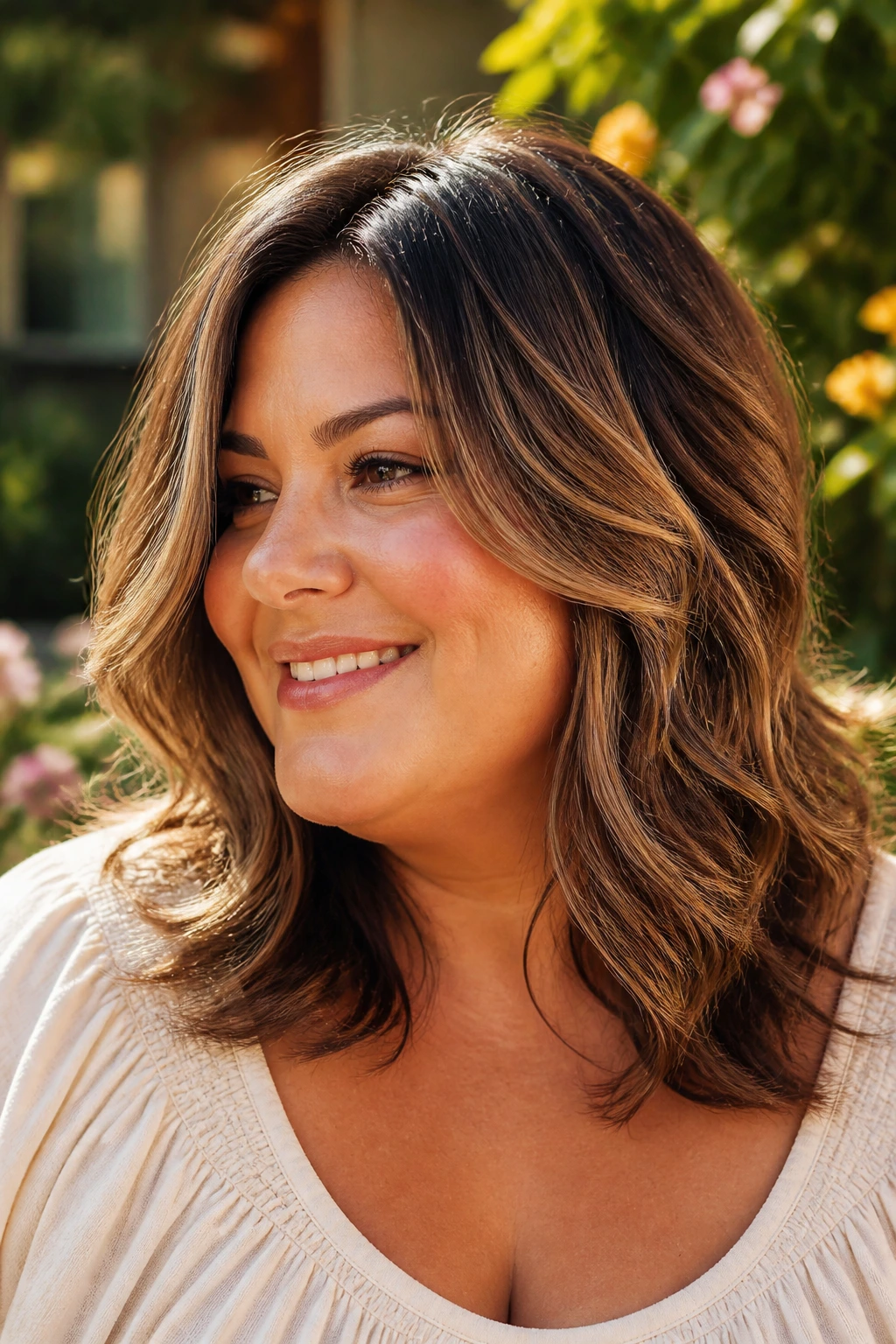 Real woman with layered waves and sun-kissed highlights.