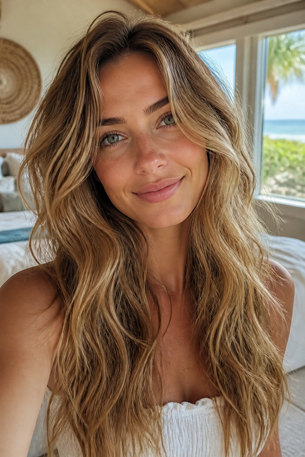 Close-up portrait of a real woman with long layered beach waves.
