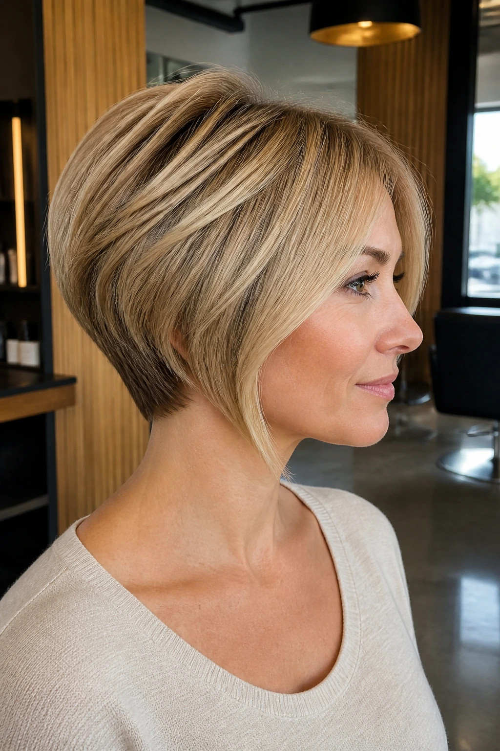 Portrait of a real woman with layered wedge cut under warm salon lighting