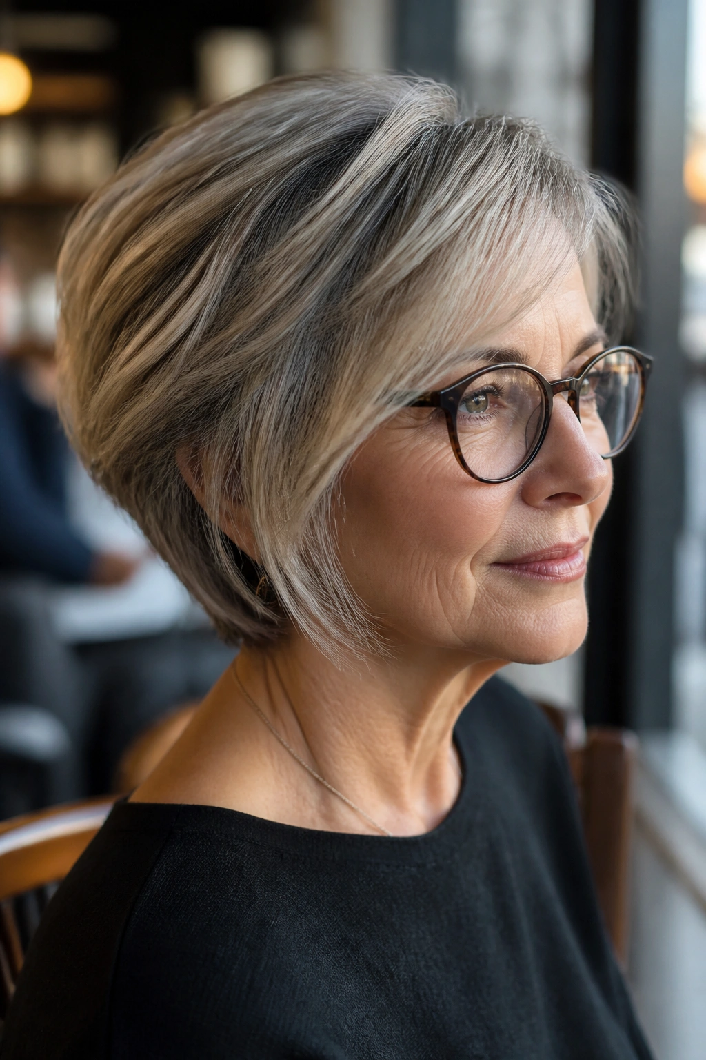Close-up of a senior woman with layered wedge cut and glasses