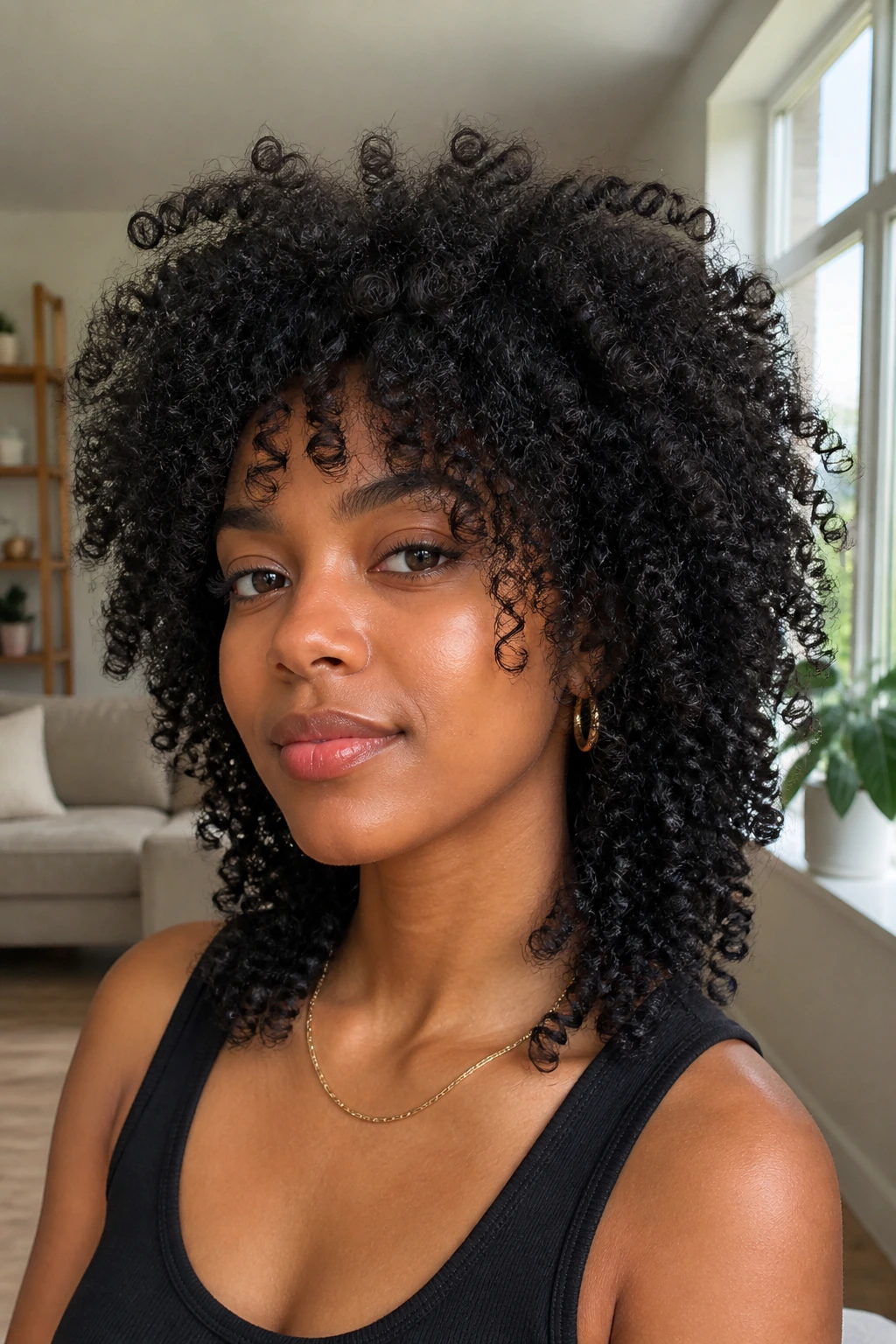 Close-up of a real person with layered wolf cut for coily ringlets in natural light
