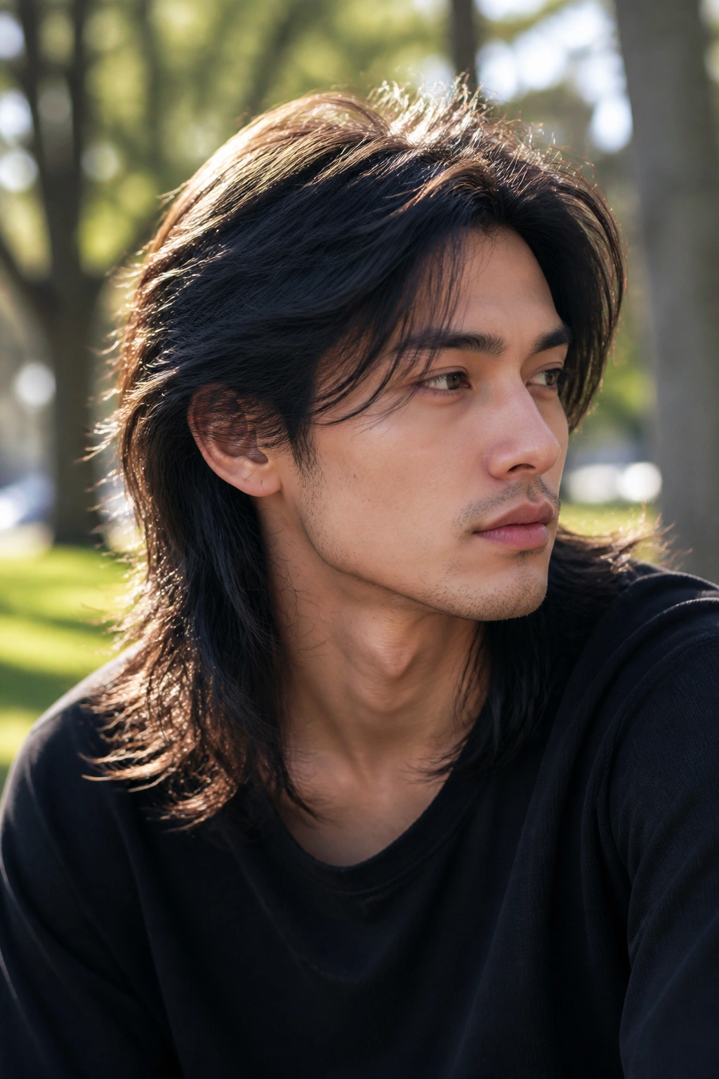 Close-up portrait of a man with layered wolf cut for long straight hair