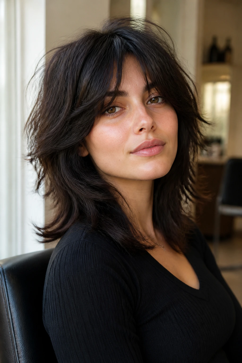 Close-up of layered wolf cut on thick hair with crown lift