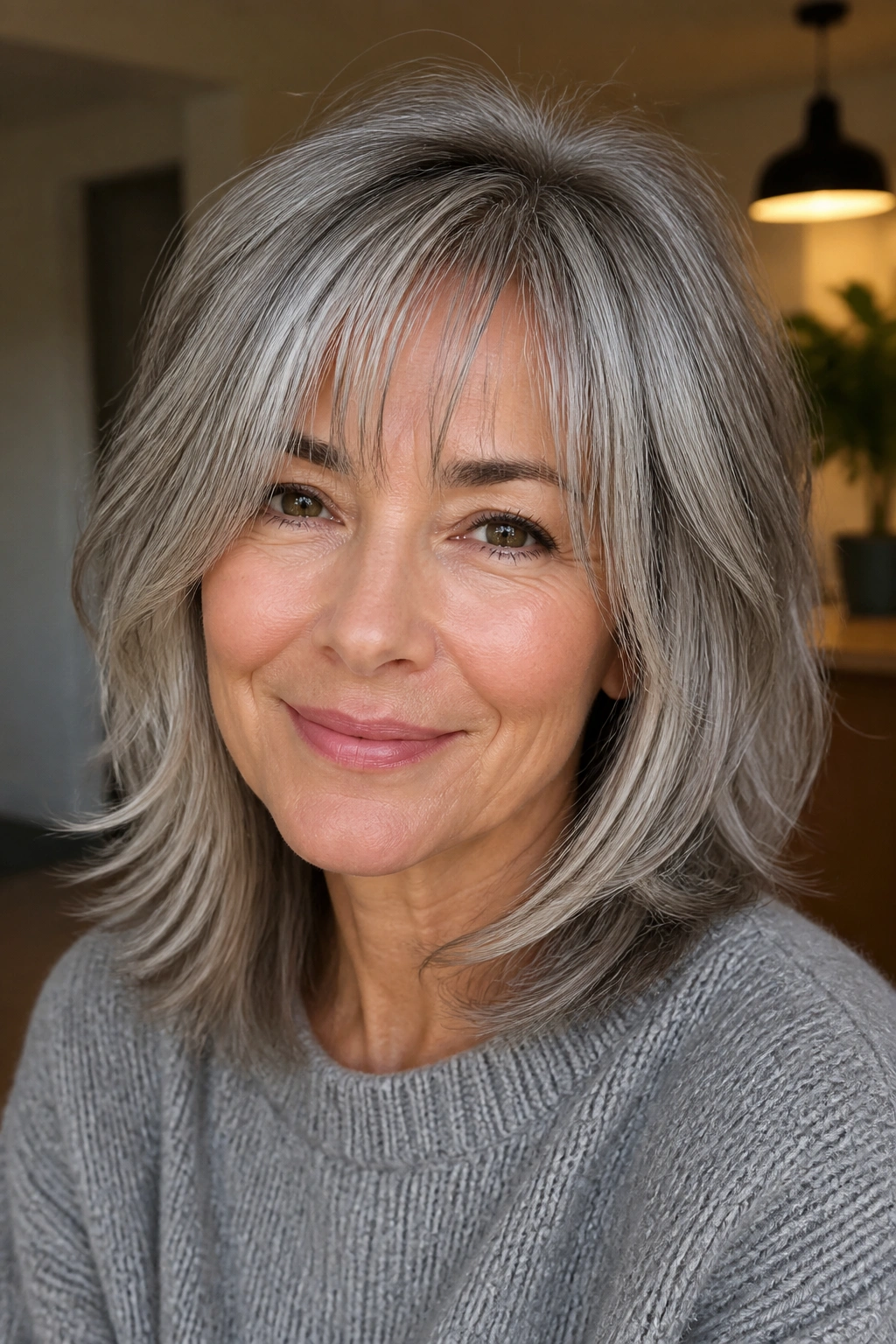 Real woman with layered hair and wispy bangs in warm natural light
