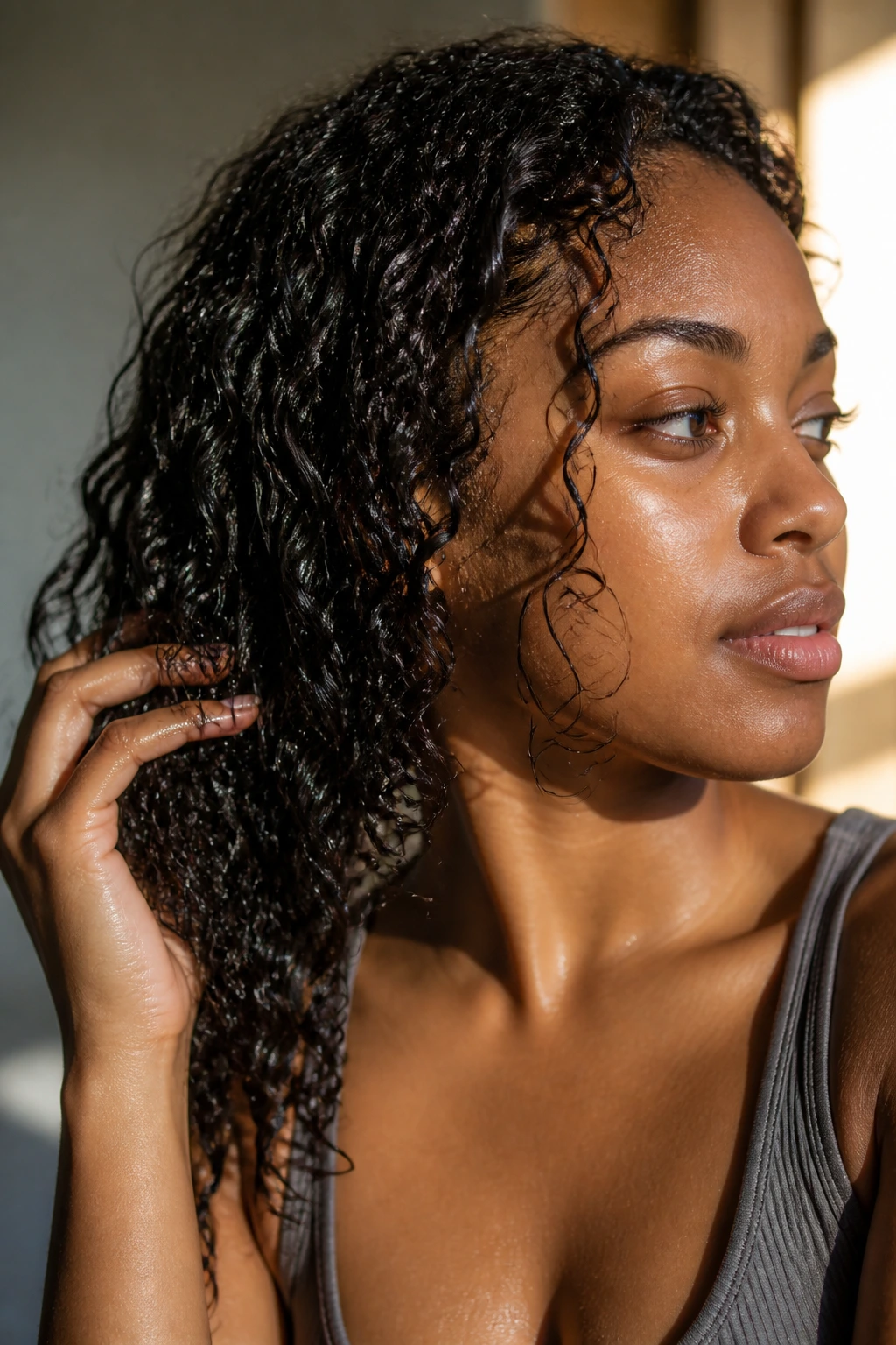 Close-up of damp hair with layered product concept on a real person