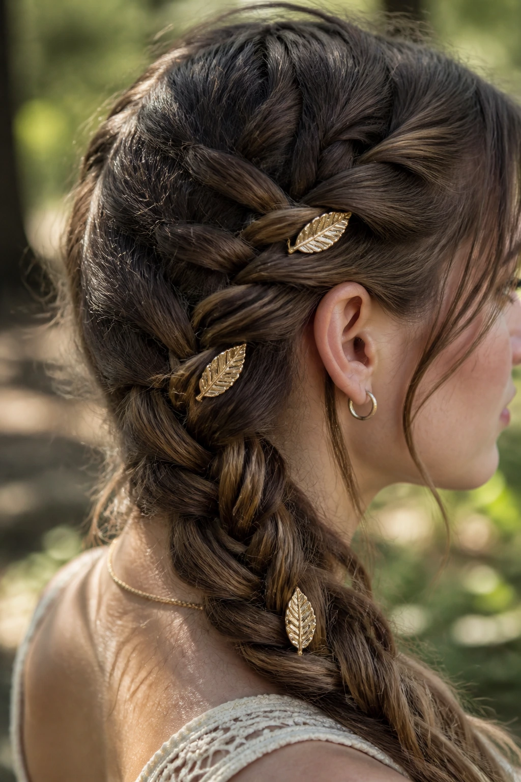 Close-up of twisted braids with matte gold leaf clips