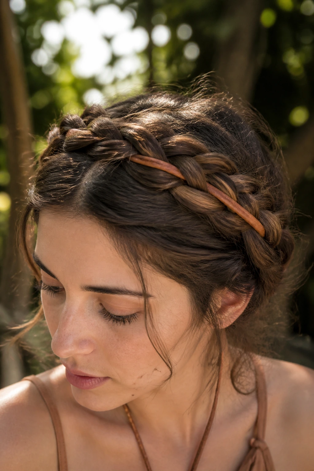 Close-up of crown braids wrapped with a leather cord on a real person in a garden
