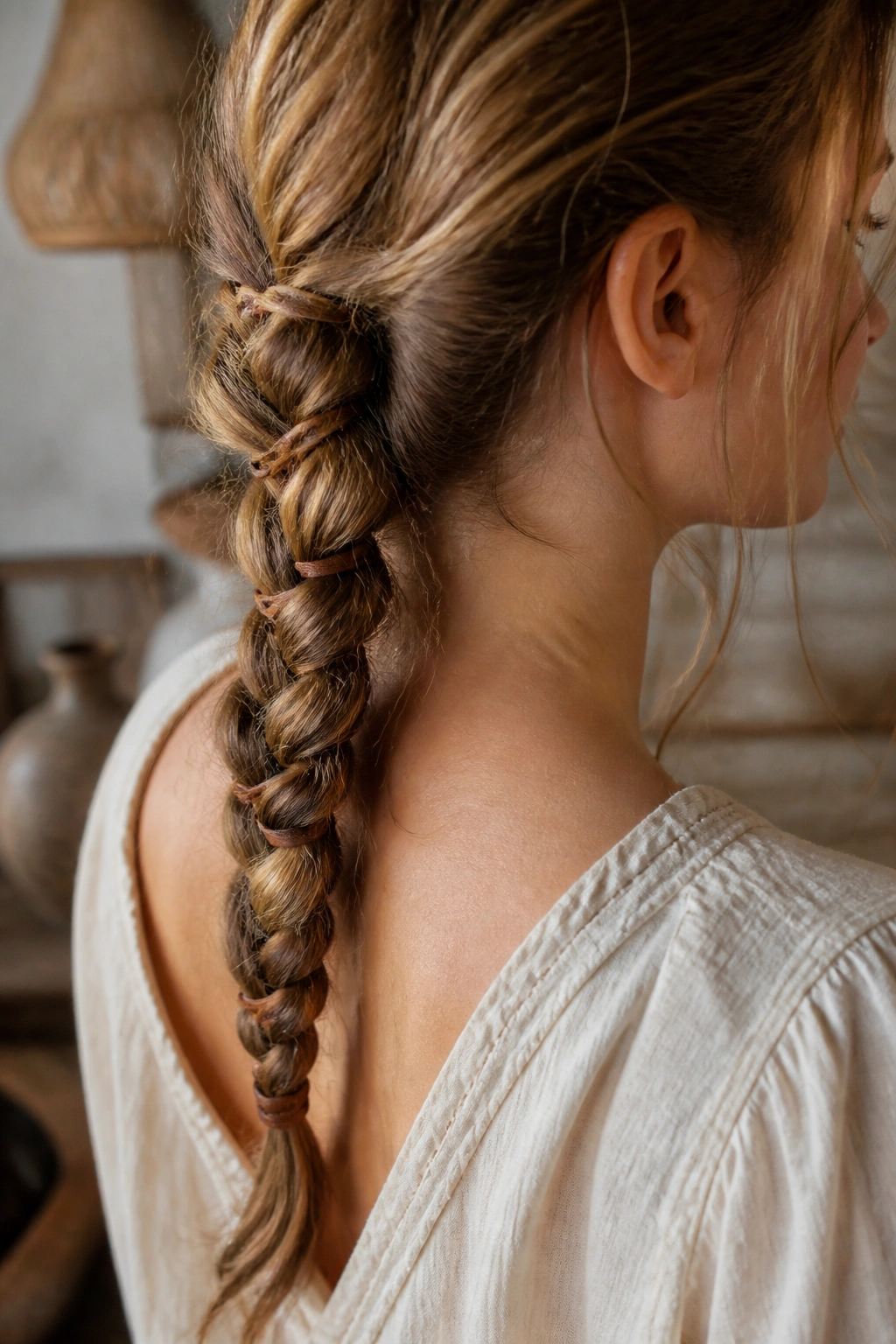 Close-up of a real woman with leather loop rings in a boho braid