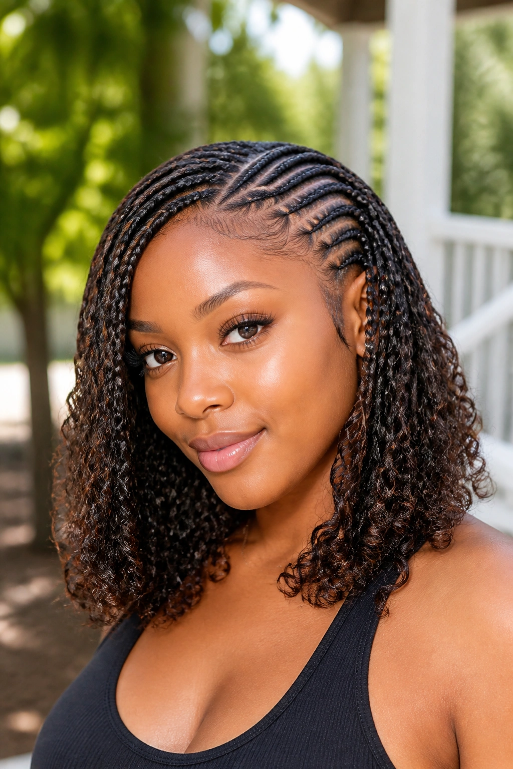 Close-up of lemonade braids with curly ends on a real woman on a sunlit porch