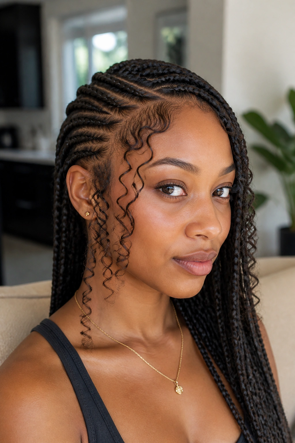 Close-up of a real Black woman wearing lemonade braids with curly face-framing pieces in soft natural light