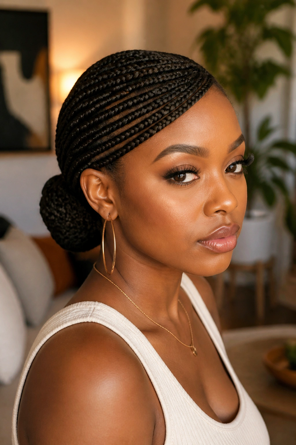Close-up of lemonade braids pulled into a low bun on a real woman