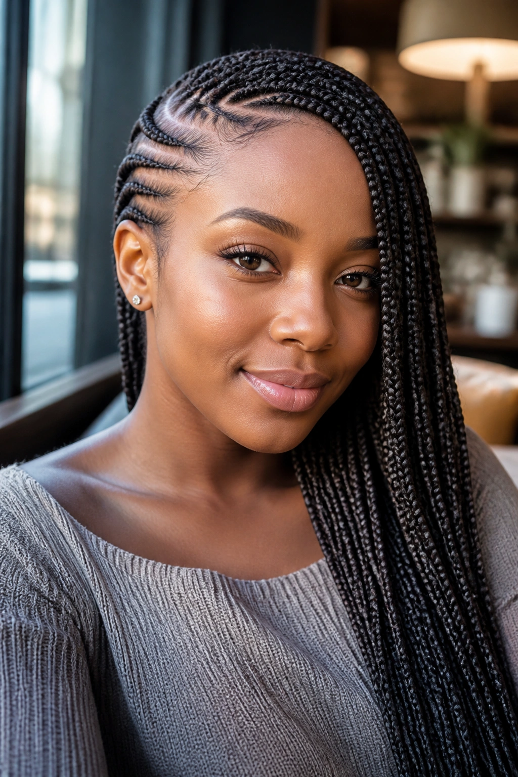 Portrait of woman with side-swept lemonade braids by cafe window