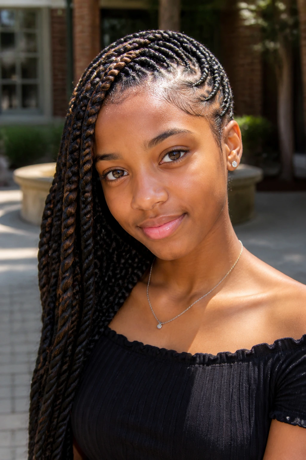 Close-up of lemonade braids swept to one side on a real teen girl outdoors