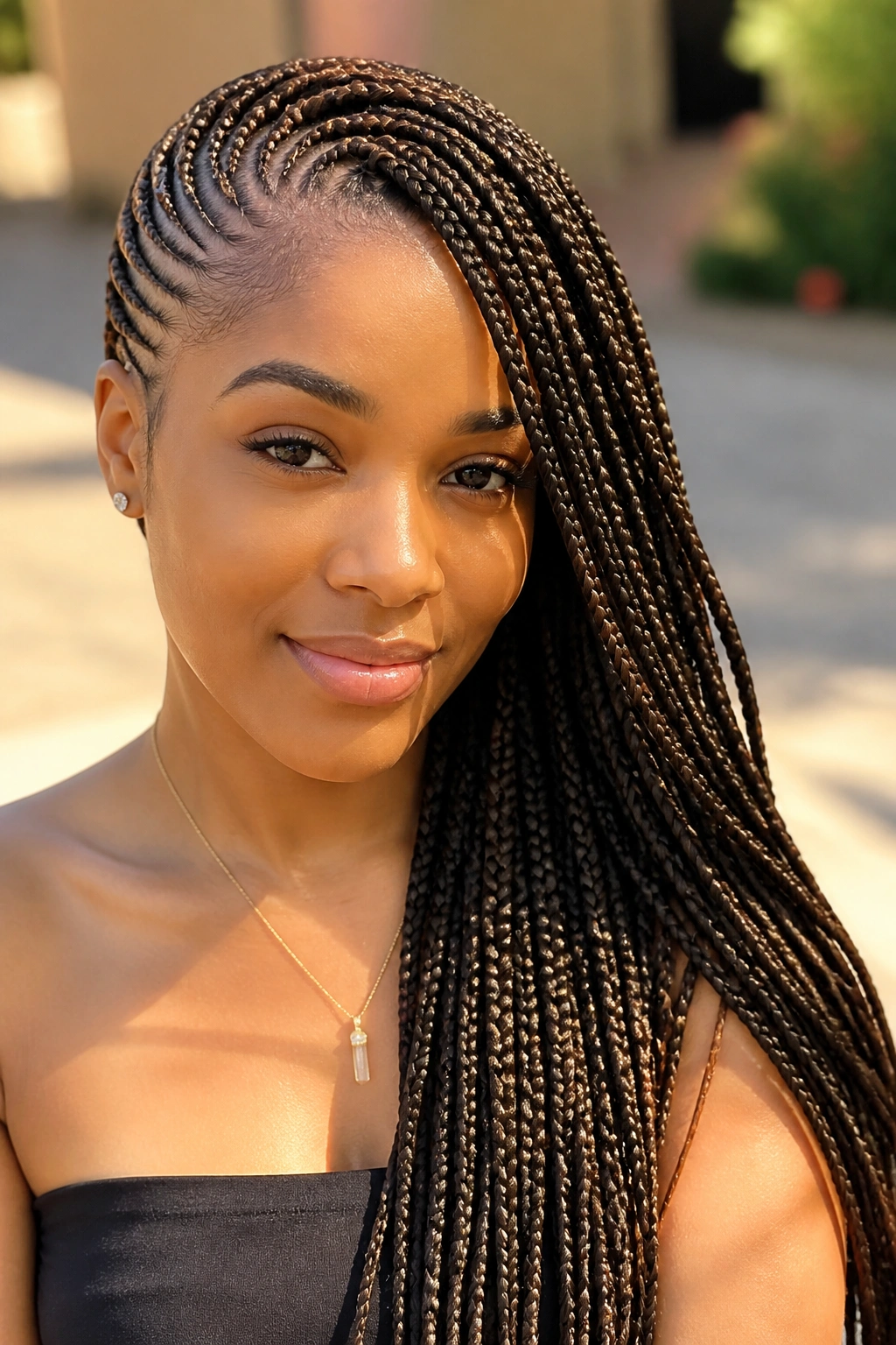 Close-up of real person with side-swept lemonade braids sweeping over shoulder