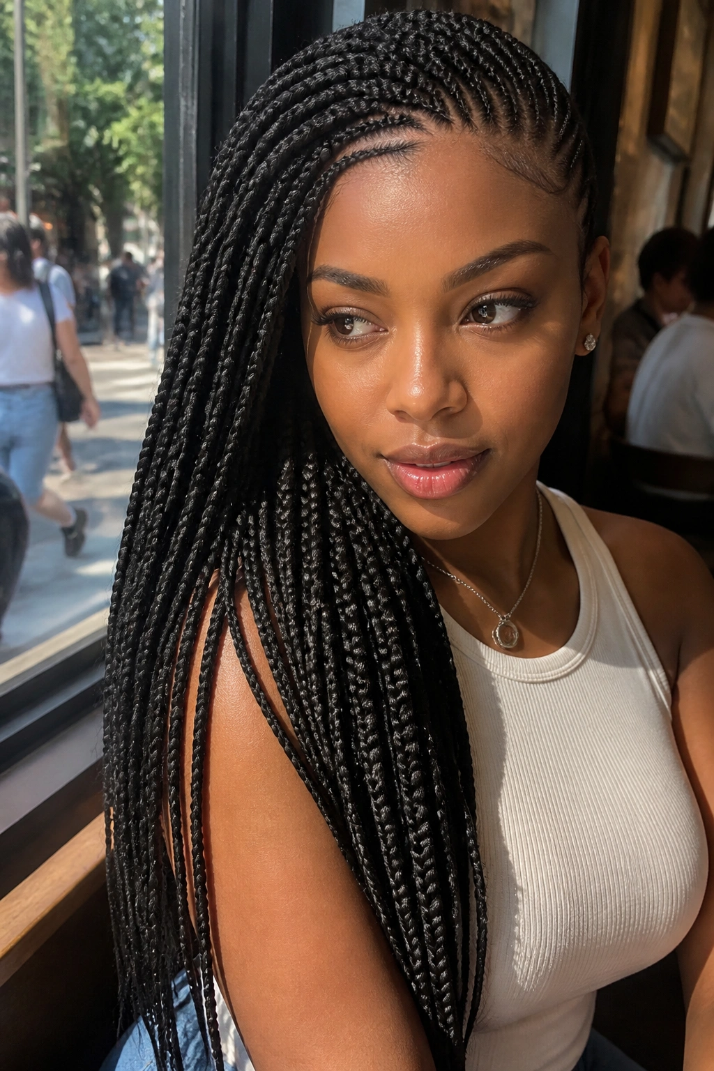 Real Black woman with lemonade braids swept to one side in sunlit cafe setting