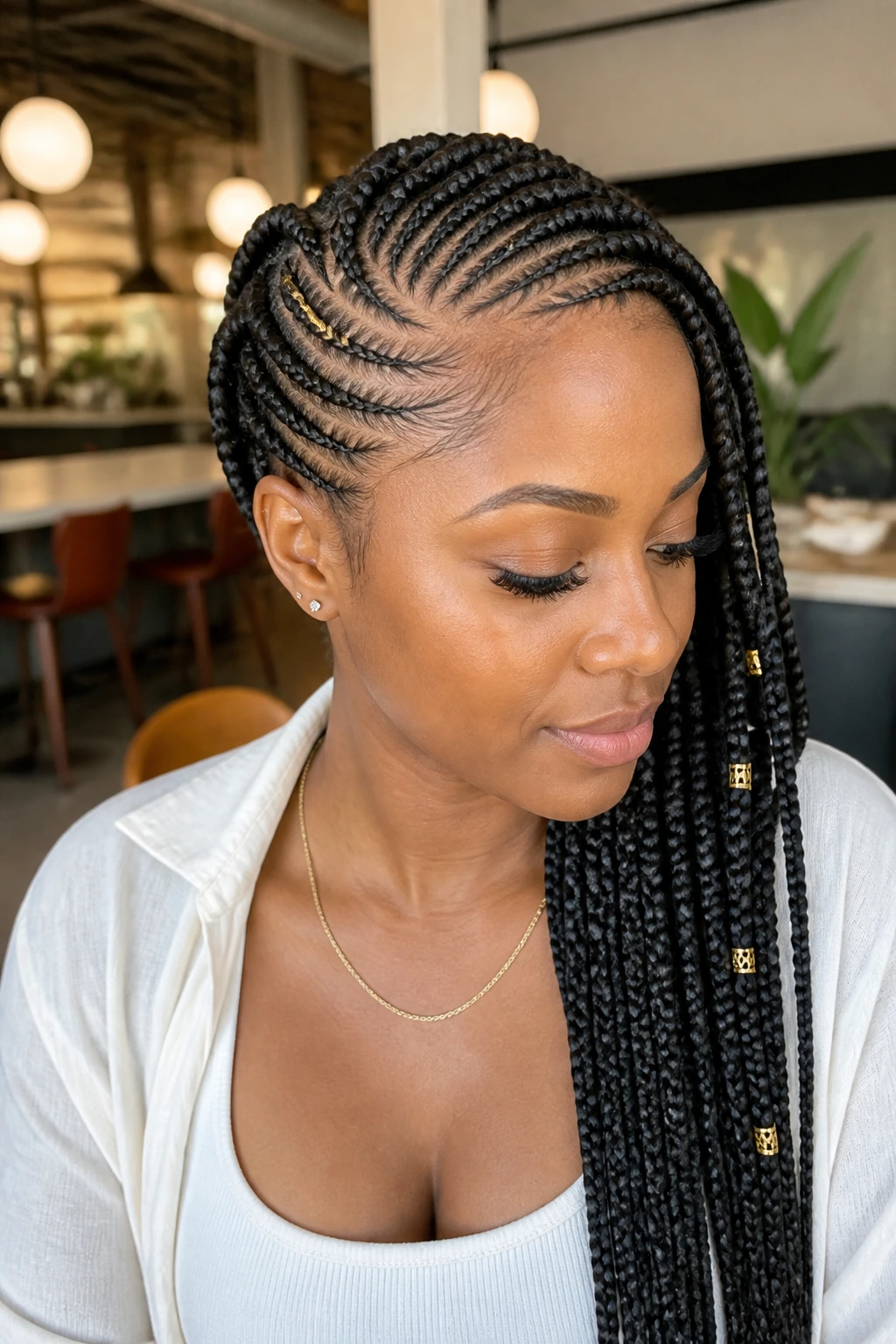 Portrait of a woman with lemonade braids swept to the side