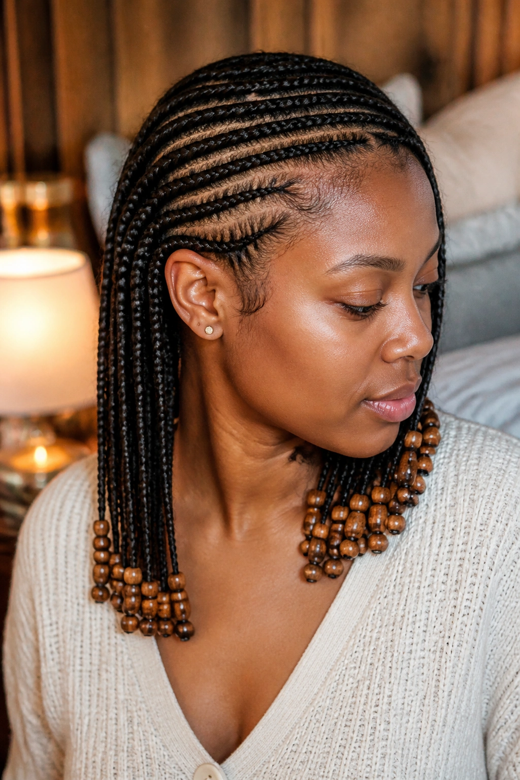 Close-up of side-swept lemonade cornrows with wooden beads on a real woman