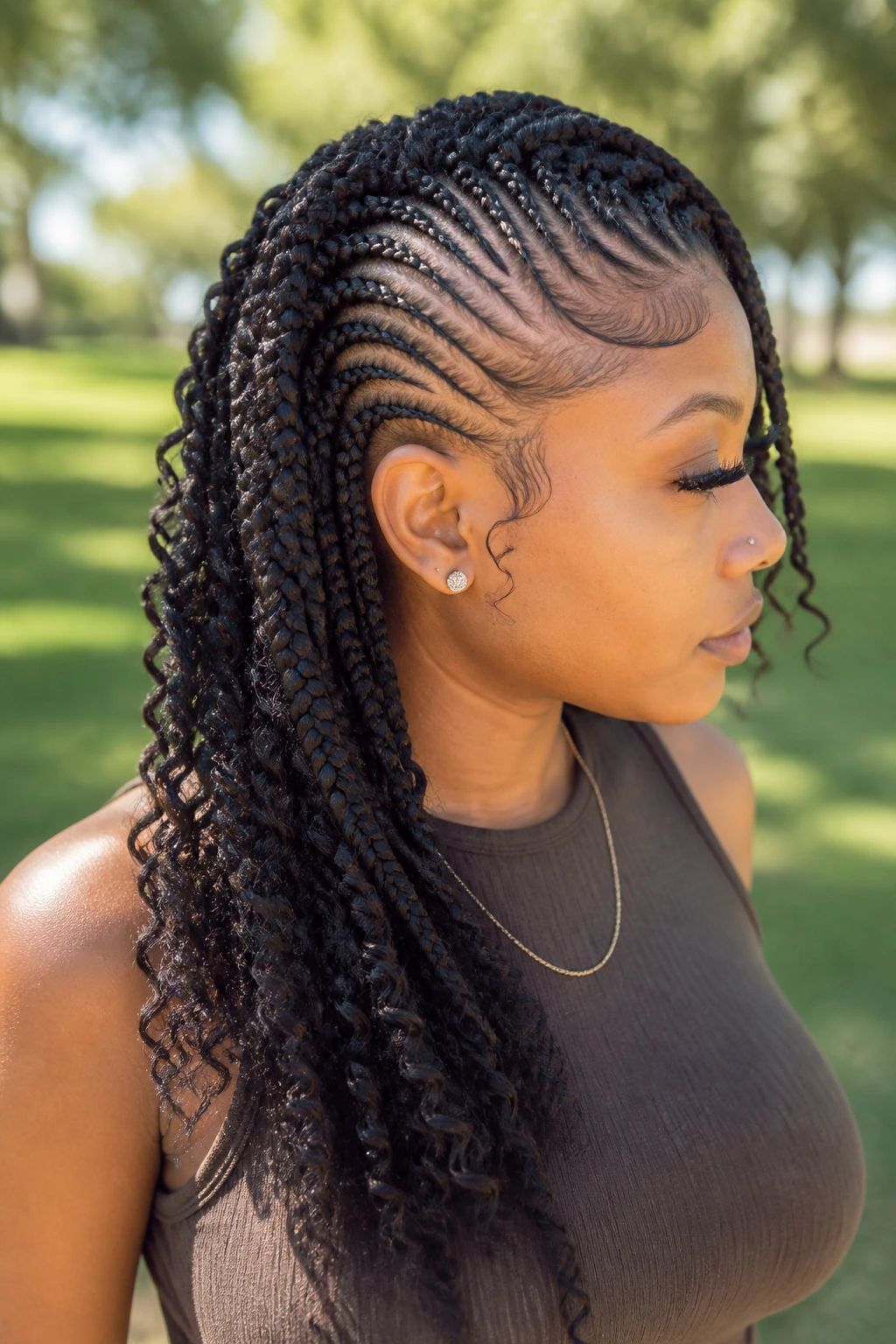 Side-profile of a real woman with lemonade goddess braids sweeping along the head.