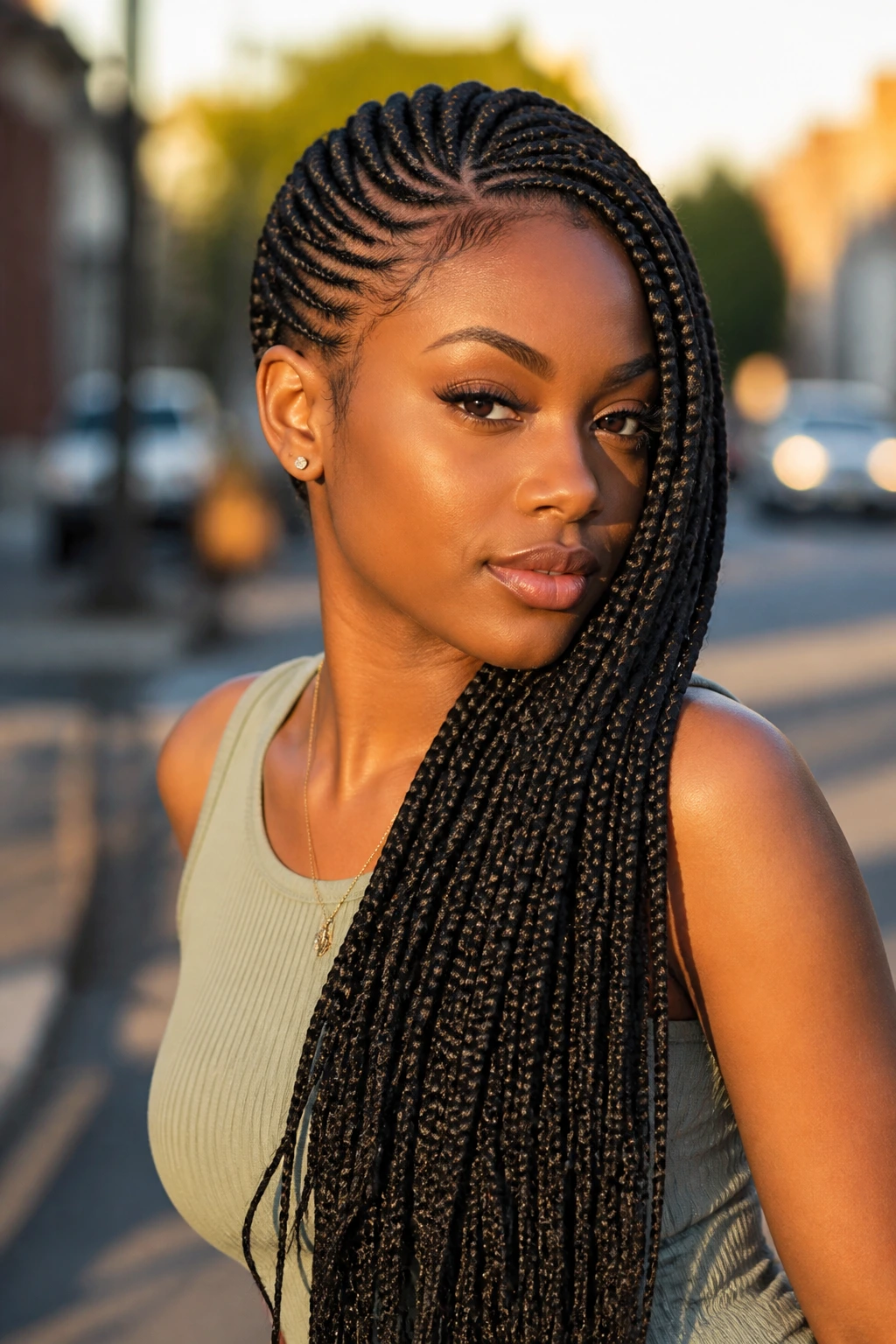 Close-up of Lemonade-Style Side Ghana Braids on a real person, long side-swept braids.