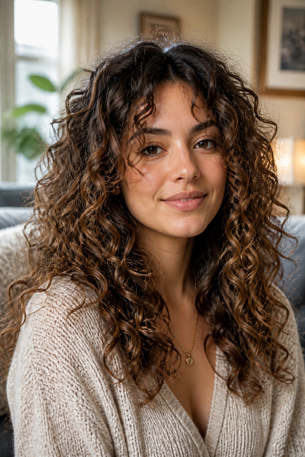 Close-up portrait of a real woman with long curly hair featuring length-preserving layers on 3A-3C curls