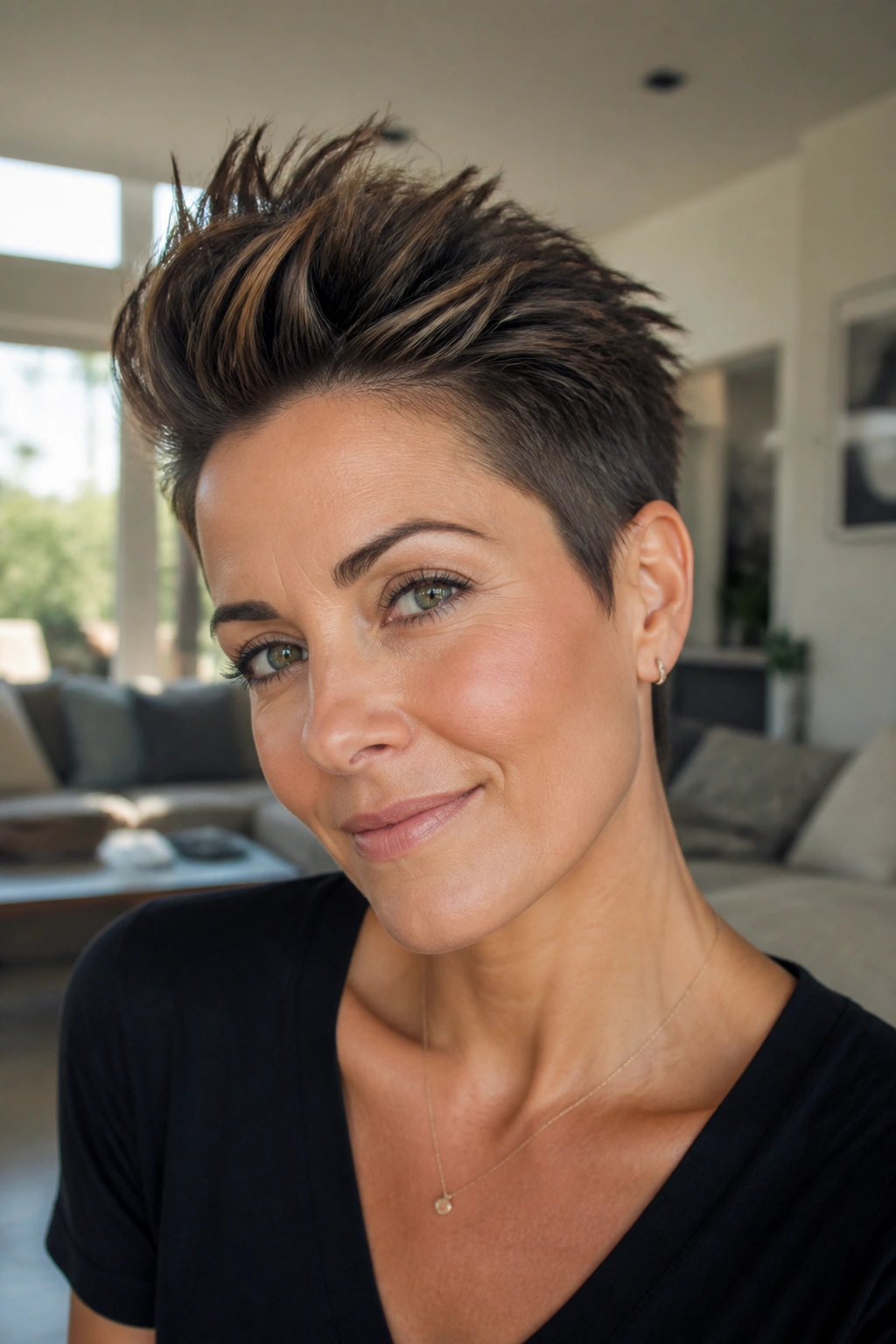 Close-up of real person with a lifted faux hawk hairstyle