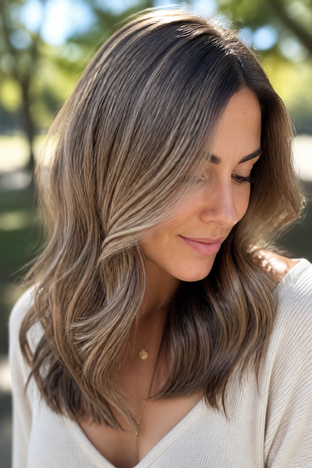 Portrait of a real woman with light ash brown hair and lived-in dimension.