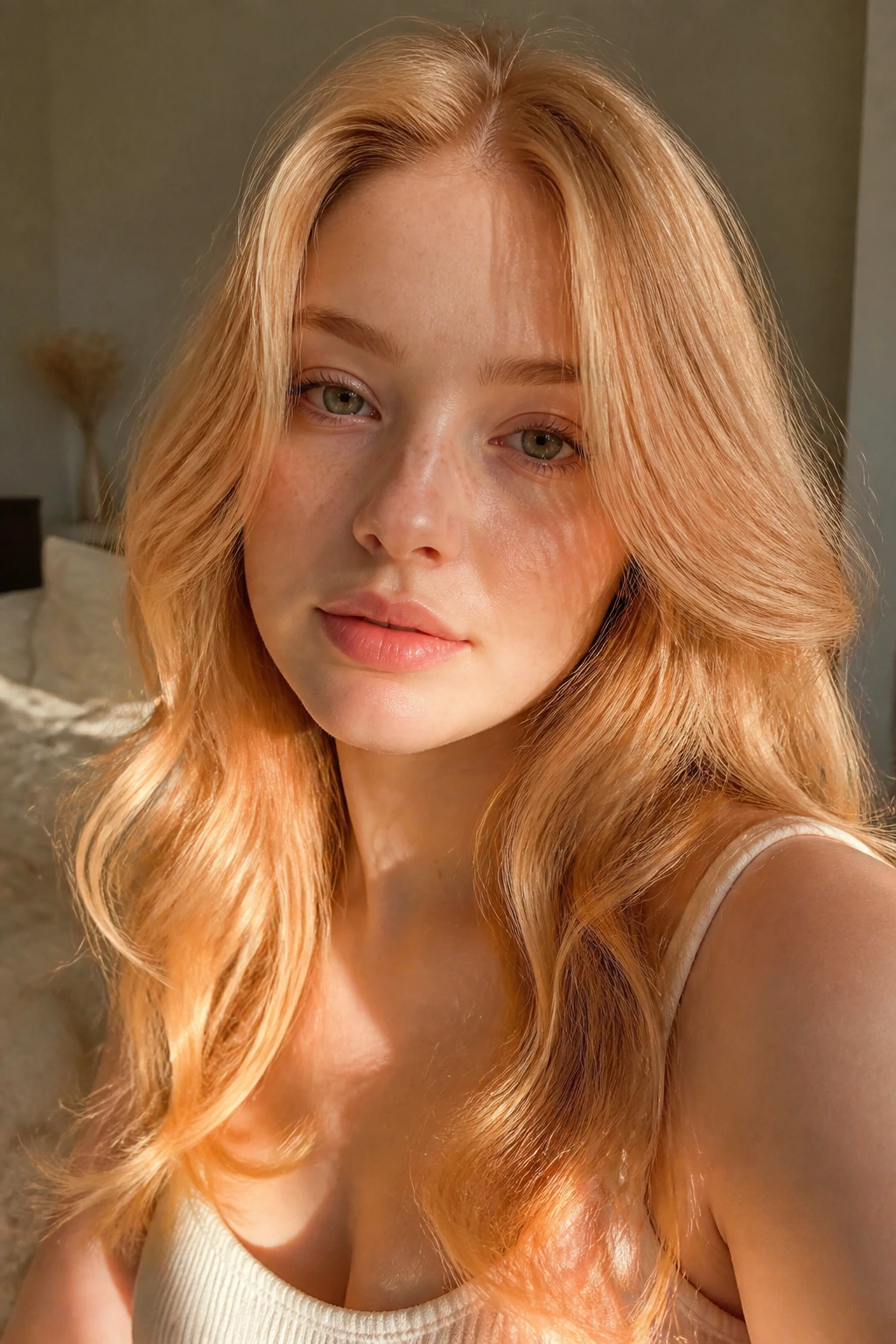 Close-up of a real person with light copper blonde hair in warm sunlight