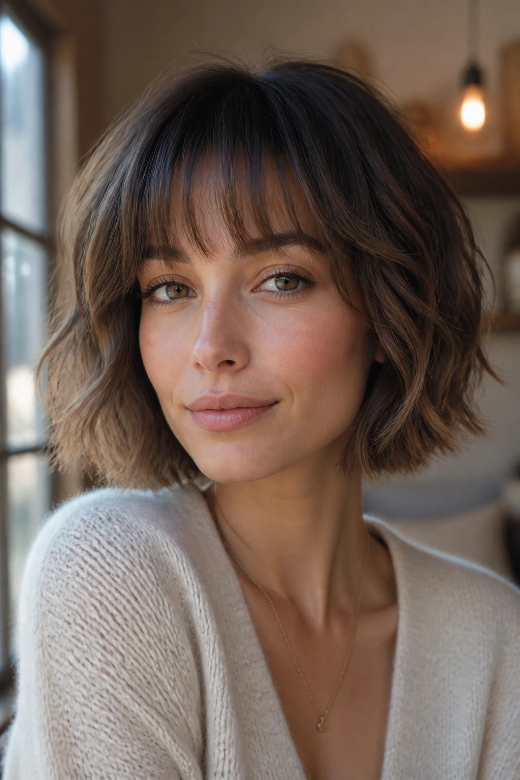 Real person with light fringe wavy bob by a sunny window