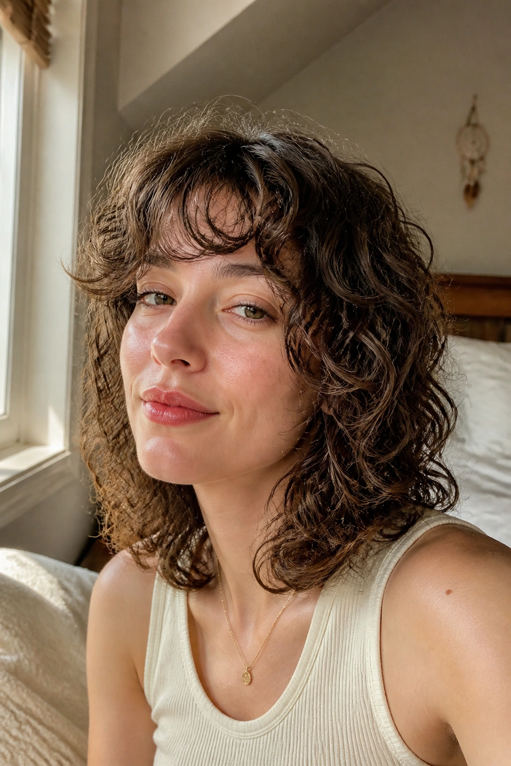 Close-up portrait of a real person with lightly layered wolf cut for fine curls