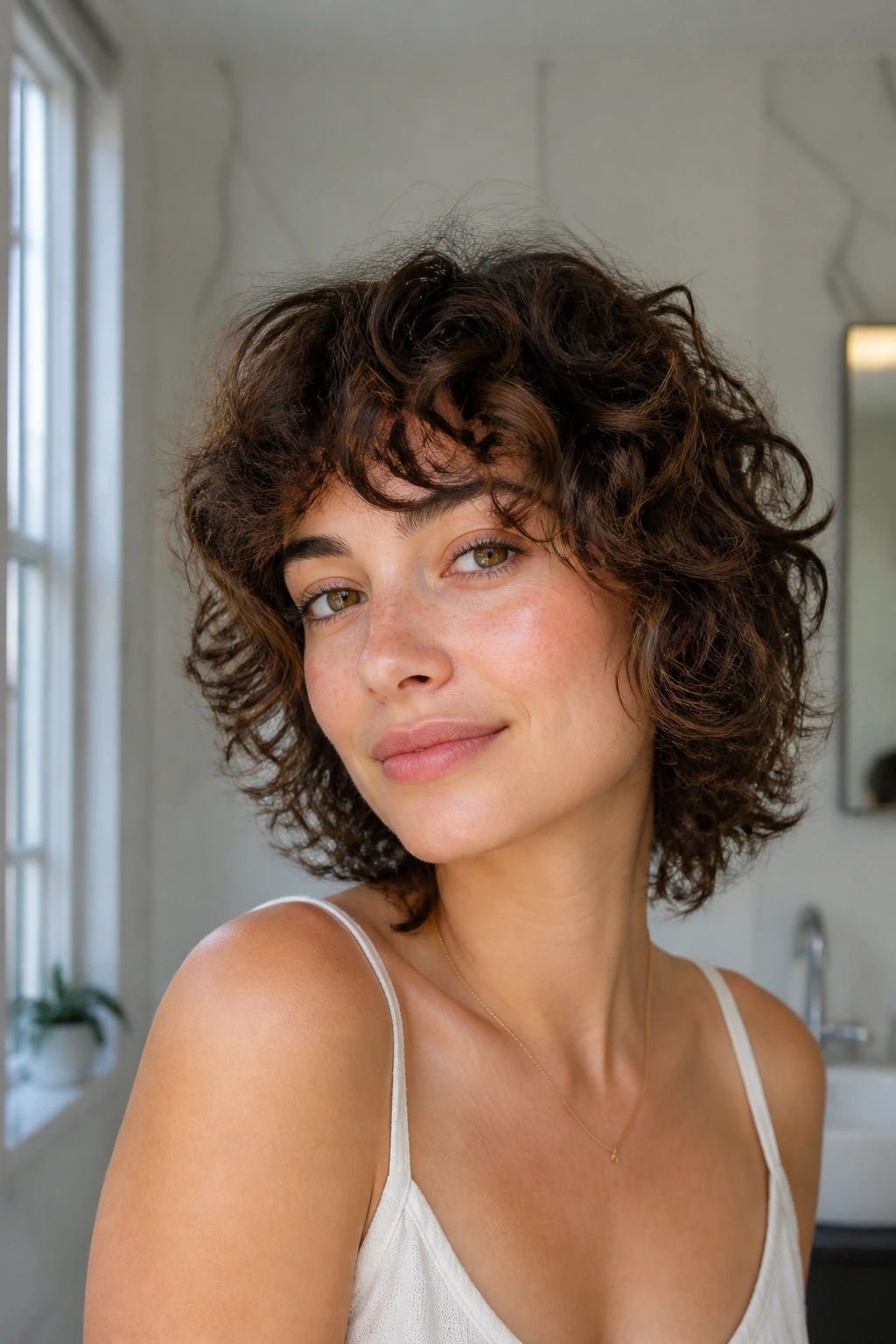 Real woman with lightweight curly shag for fine hair in a bright bathroom.
