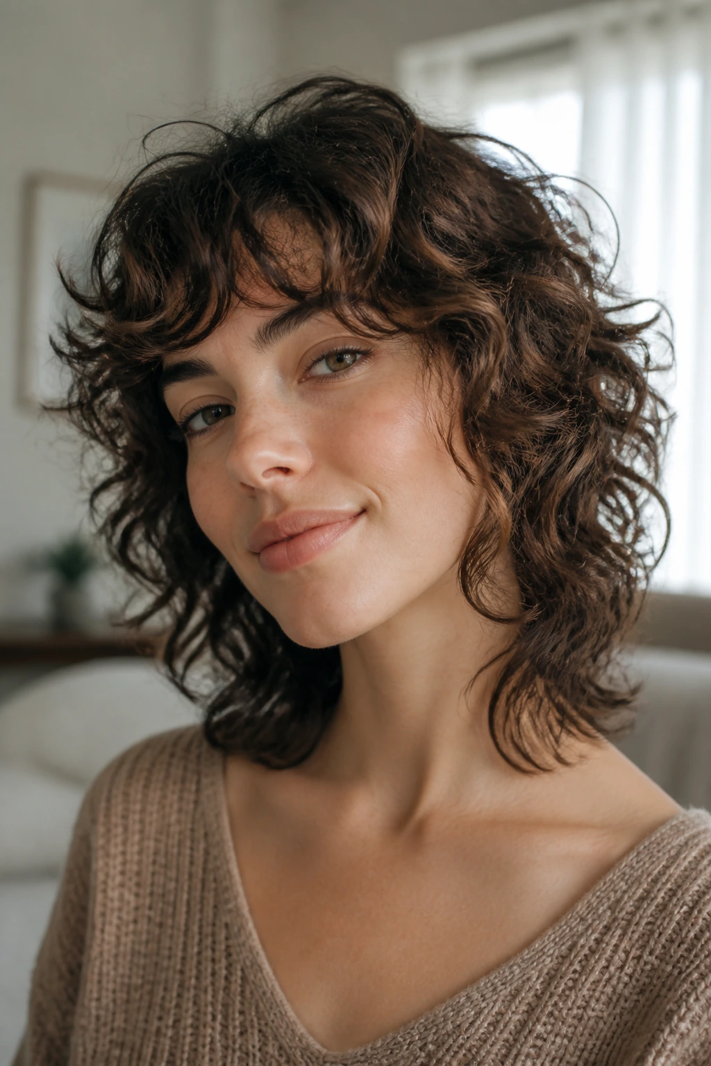Close-up portrait of a real person with a lightweight shag on fine curls in natural window light