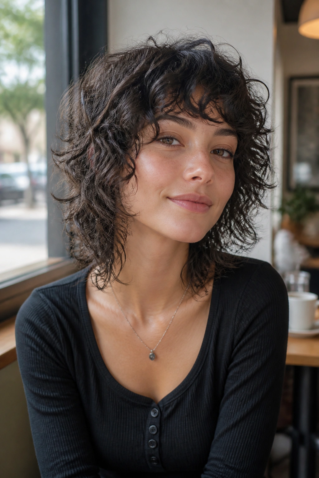 Close-up portrait of a real person with a lightweight wolf cut on fine curls