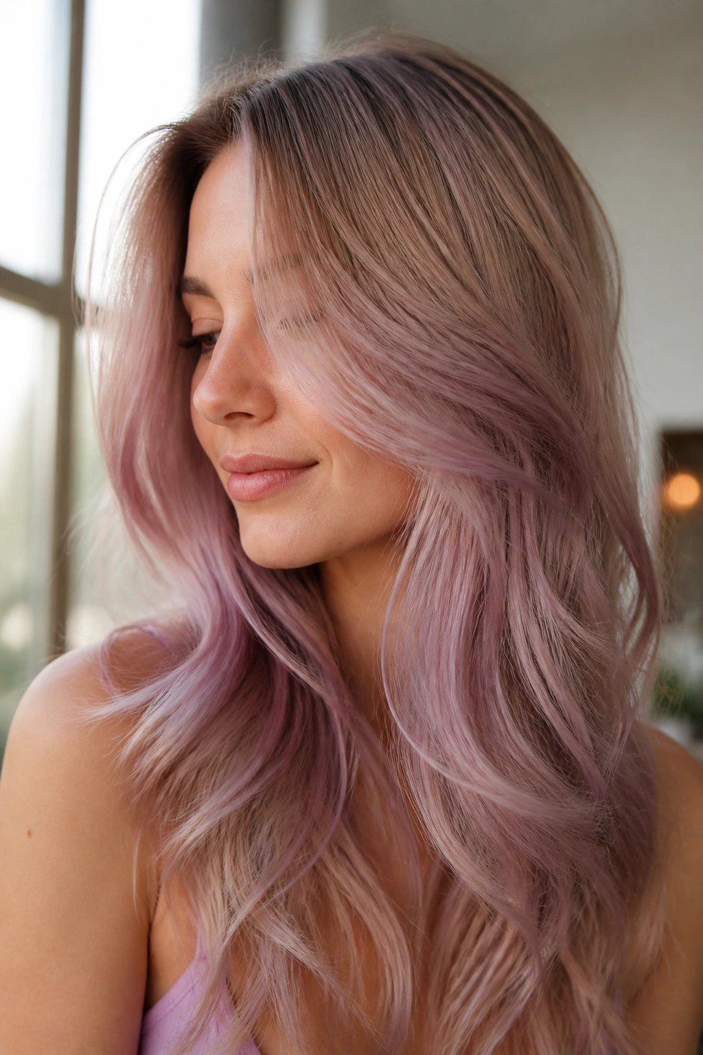 Close-up portrait of a real woman with lilac champagne on long layered hair in soft waves