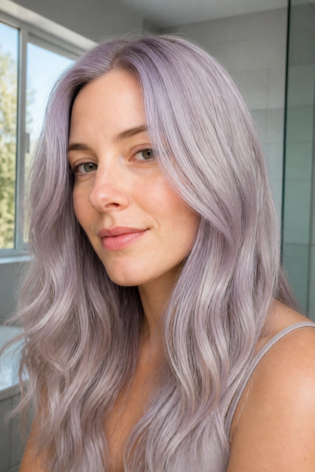 Close-up of a real woman with an even lilac-grey gloss on pale hair, glossy finish