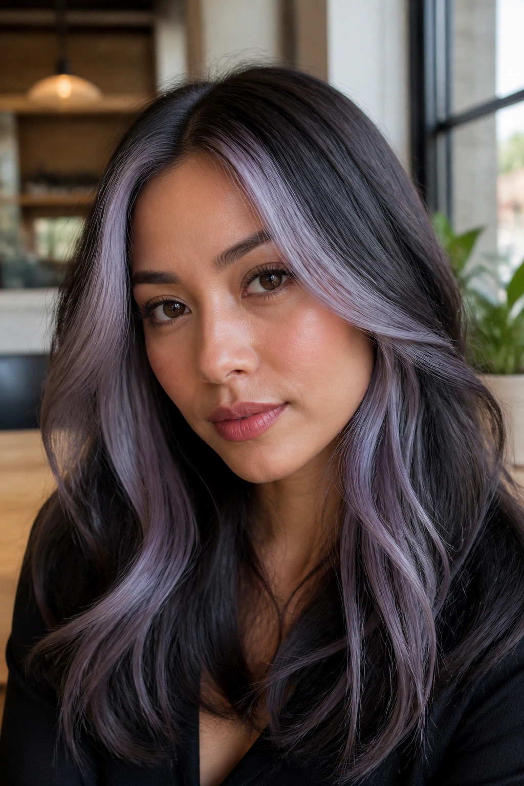 Portrait of a real woman with two lilac-grey front pieces framing her face
