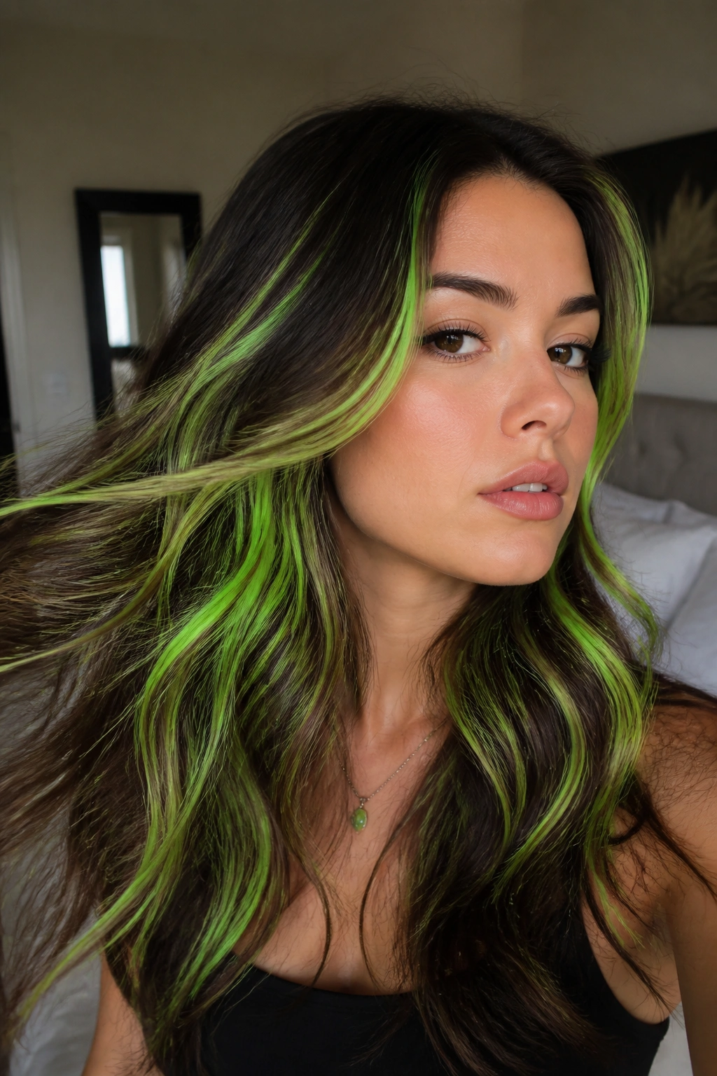 Real woman with lime green accent streaks in long hair close-up portrait.