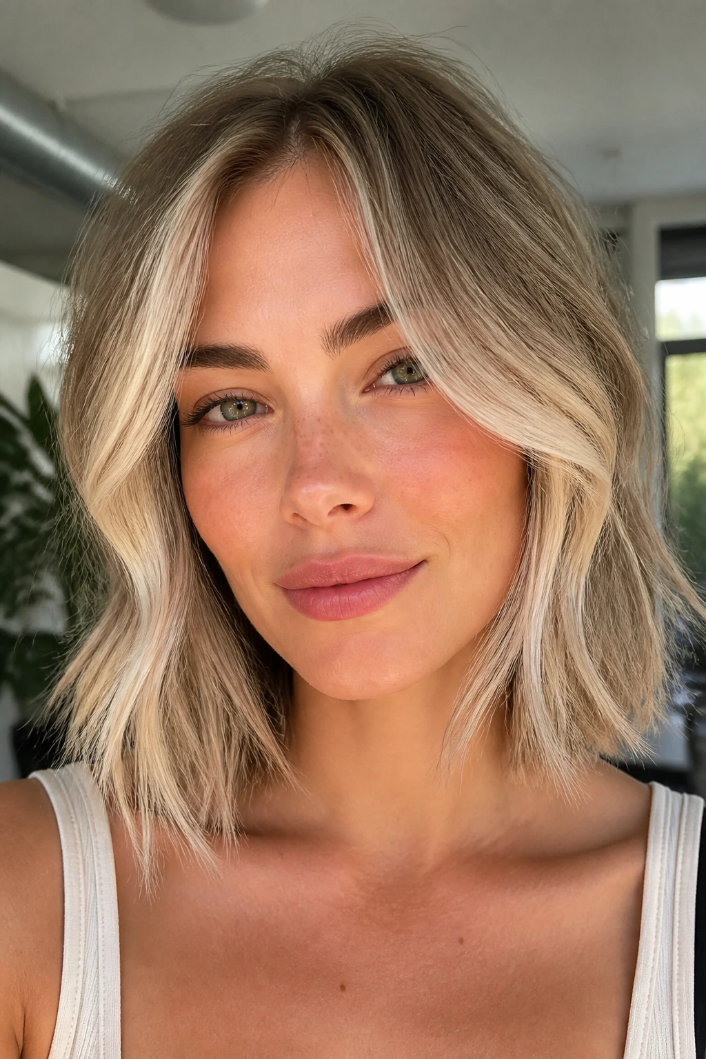 Close-up portrait of a real woman with linen blonde face-framing pieces around cheeks and jawline